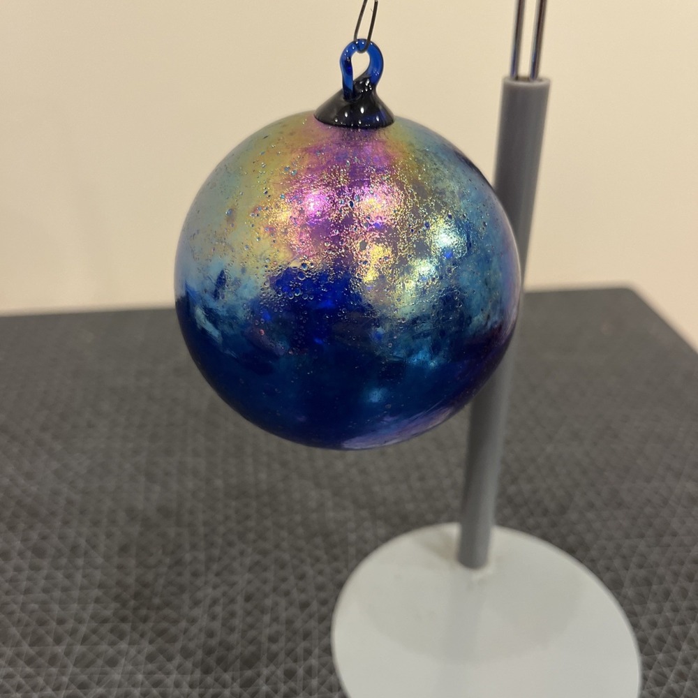 Hand Blown Art Glass Ornament Metallic Blue Suncatcher Friendship Ball Art